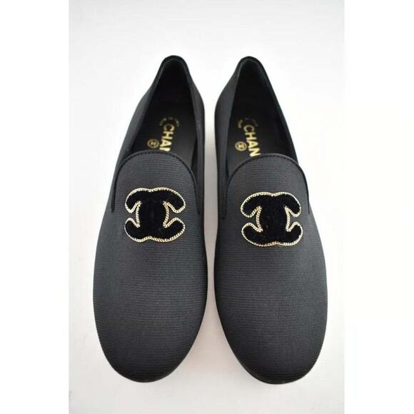 Chanel Black Grosgrain Chain Around CC Logo Mule Mocasin Ballet Loafer Flat 34.5